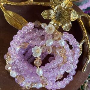 Lavender Beaded Bracelet Set Glass Stone in Flower Charm